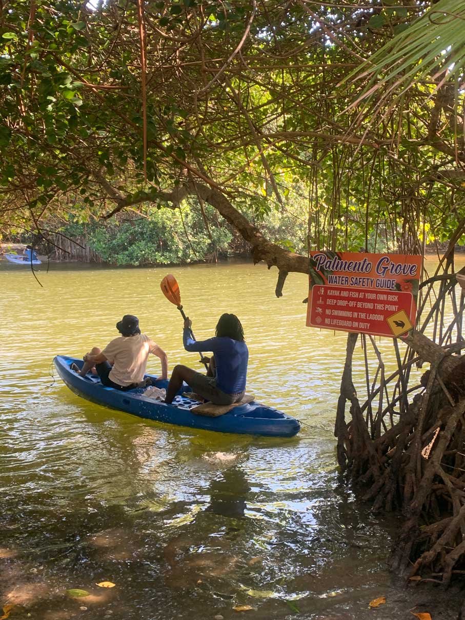 Couple paddling a kayak under overhanging mangroves near Hopkins, Belize