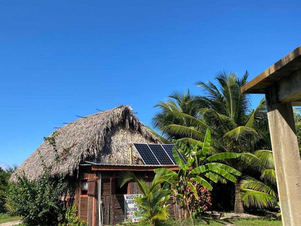 Thatched-roof cabin with a solar panel under palm trees on Kalipuna Island, Palmento Grove, Hopkins, Belize