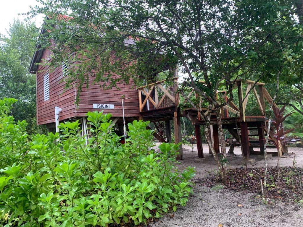 Isieni, a solar-powered guest cabin on stilts at Palmento Grove, its name on a sign by the door