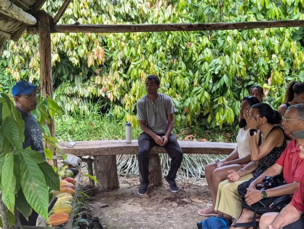 Guests seated under cacao trees listening to a Maya farmer in southern Belize