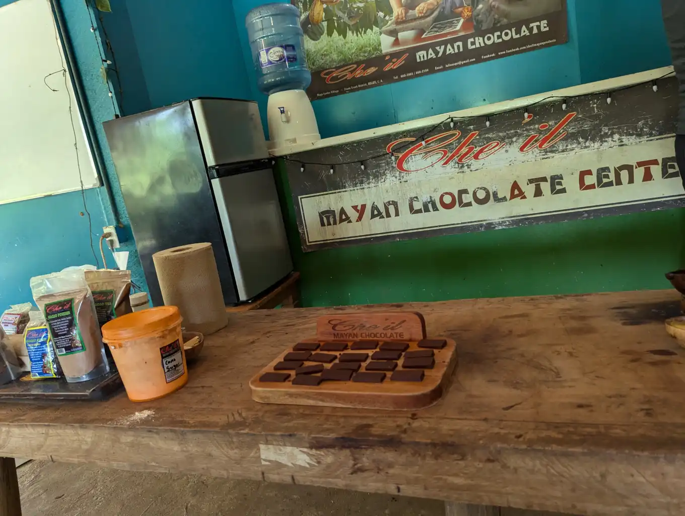 Handmade chocolate on a wooden board at the Maya chocolate centre in Maya Center, Belize