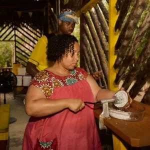 Guest grating cassava on a board during a Garifuna cooking class at Palmento Grove, Hopkins, Belize