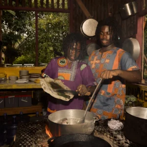 Pots over the open fire in the cultural kitchen at Palmento Grove