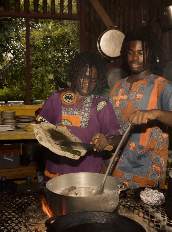 Pots over the open fire in the cultural kitchen at Palmento Grove