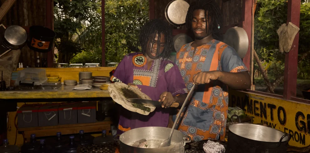 Pots over the open fire in the cultural kitchen at Palmento Grove