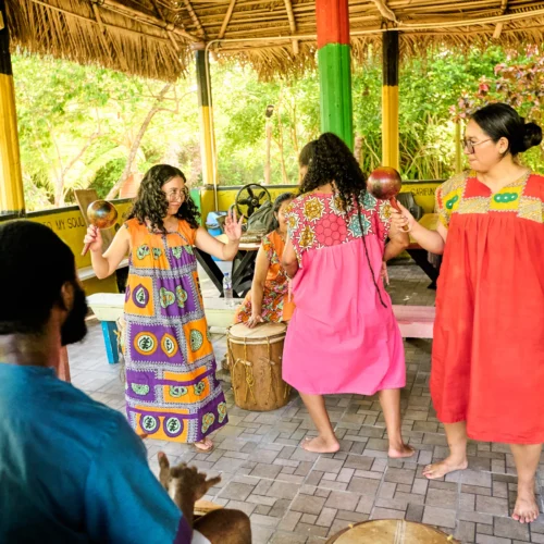 Guests dancing barefoot as Garifuna drummers play behind them at Palmento Grove, Hopkins, Belize
