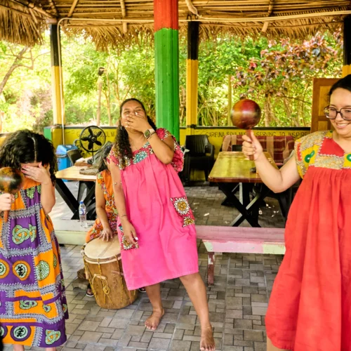 Guests dancing with maracas while drummers play in the Buiti Achuluruni pavilion at Palmento Grove, Hopkins, Belize