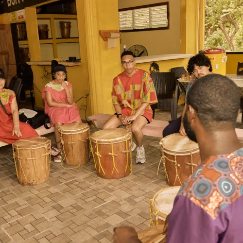 Guests seated at Garifuna drums during a drumming session at Palmento Grove, Hopkins, Belize