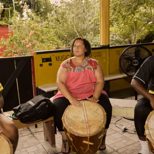 A Garifuna drumming circle at Palmento Grove, Hopkins, Belize