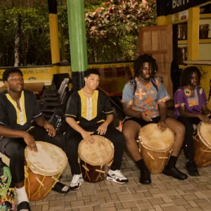 A Garifuna drumming and dancing session with guests playing the drums at Palmento Grove