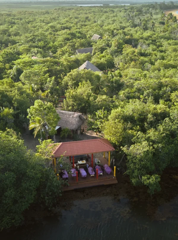 Palmento Grove from the air — the island lodge and massage pavilion on Freshwater Creek Lagoon, Hopkins, Belize