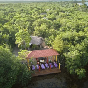 Aerial view of the massage deck over the mangrove lagoon at Palmento Grove, Hopkins, Belize