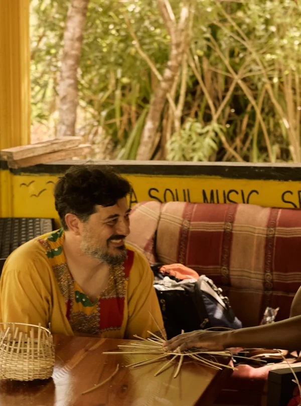 Close work on a hand-woven basket at Palmento Grove, Hopkins, Belize